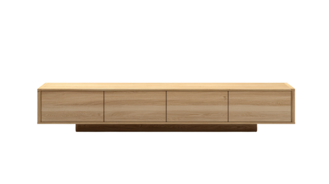 Sleek light oak media console with four storage compartments, featuring a minimalist design and a darker, recessed wooden base. background removed