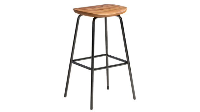 A stylish modern bar stool featuring a sculpted wooden saddle seat and sleek dark metal frame, isolated on a transparent background. background removed