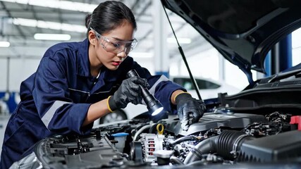 A female auto mechanic inspects a car engine with a flashlight. Professional technician performing vehicle maintenance and diagnostics in a garage. Automotive repair service concept