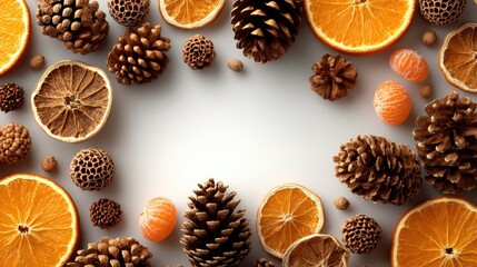 Dried citrus slices, pine cones, and tangerines arranged in a rustic frame.
