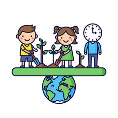 Kids planting trees on green platform over Earth