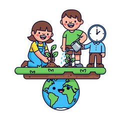Kids watering and planting trees above Earth