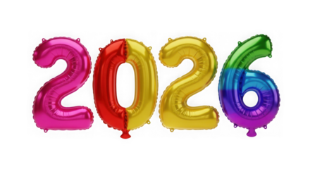 Colorful balloons forming the number 2026, isolated on transparent background