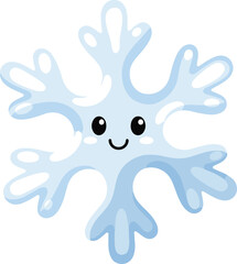 A cute, friendly, and stylized cartoon snowflake character with a smiling face and six simple points.
