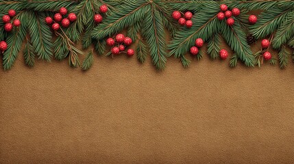 Christmas pine branches with red berries on textured beige background