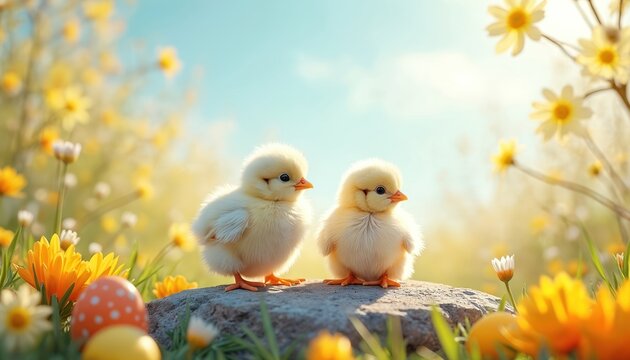 Two fluffy baby chicks stand on a rock. Spring flowers and decorated Easter eggs create an idyllic scene. Blue sky with soft sunlight. Festive illustration. - Powered by Adobe