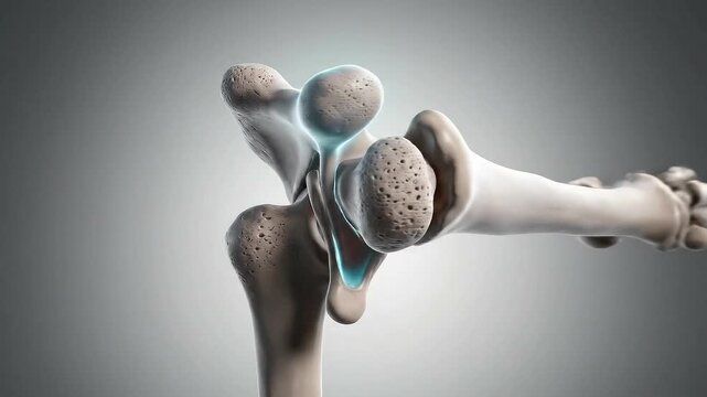 Detailed Scientific 3D Medical Animation of the Human Elbow Joint Bone Structure Rotation with Subtle Blue Lighting on a Clean Gray Gradient Background