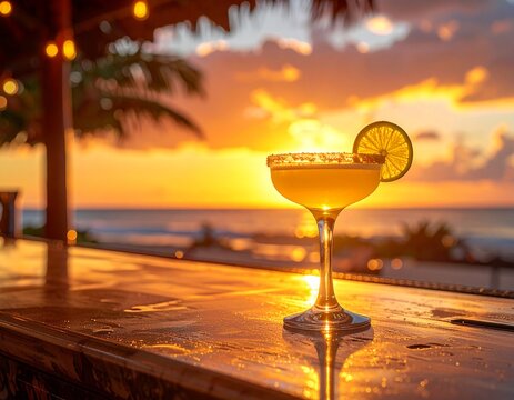 Golden hour glow illuminates a refreshing tropical cocktail on a rustic beach bar, creating a perfect evening paradise by the ocean with vibrant sunset hues