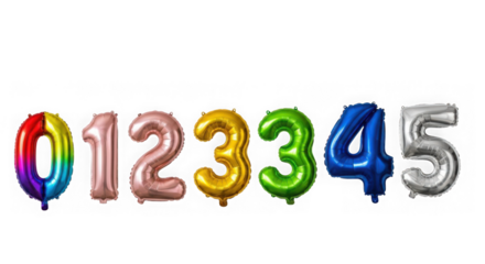 Collection of colorful number balloons from 0 to 5, isolated on transparent background