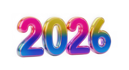 Colorful 3d numbers forming the year 2026, isolated on transparent background