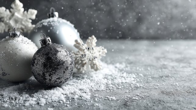 Silver Christmas ornaments and snowflakes on a snowy surface with falling snow.