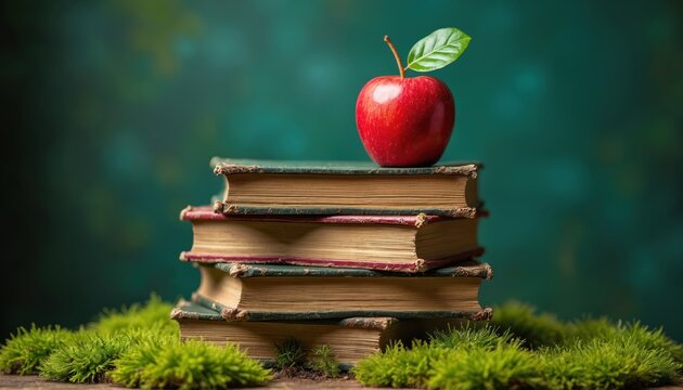 Stack of antique books with red apple on green moss. Vintage paper pages show wear. Rustic scene suggests learning and nature studies. Old knowledge and wisdom.