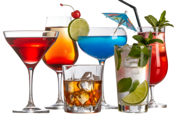 Assortment of colorful cocktails and drinks isolated on transparent background