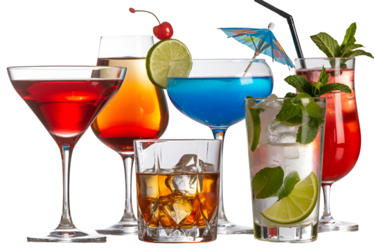 Assortment of colorful cocktails and drinks isolated on transparent background