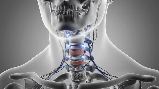 Detailed Scientific Medical Animation of Human Cervical Spine and Nervous System with Glowing Blue Neural Pathways on a Gray Background