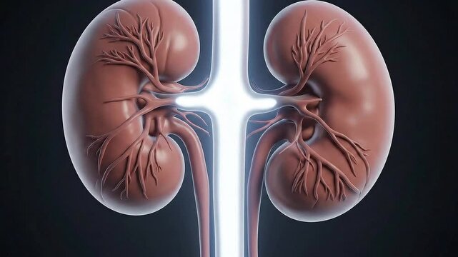Detailed Scientific Medical Animation of Human Kidneys Showing Internal Structure and Vascular System with Bright Central Illumination