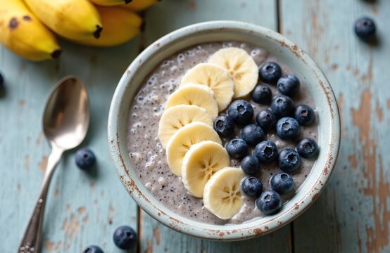 Chia seed pudding bowl close up. It includes blueberries and sliced banana. Rustic wooden table. Healthy eating concept. Tasty meal. Vegan food. Organic berries. Morning breakfast. - Powered by Adobe