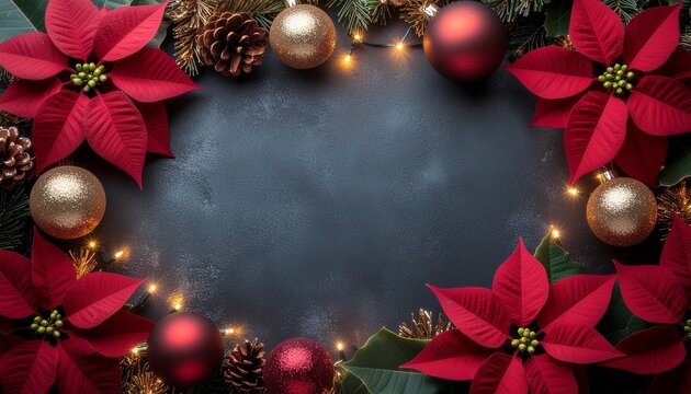 Luxurious Christmas frame featuring deep red poinsettias gold ornaments shimmering tinse