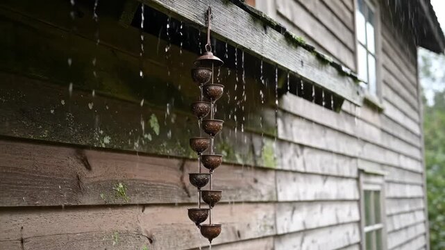 Rainwater drips down a decorative metal rain chain on a rustic wooden house. Water flows from the roof gutter during a shower. Home drainage and architectural detail