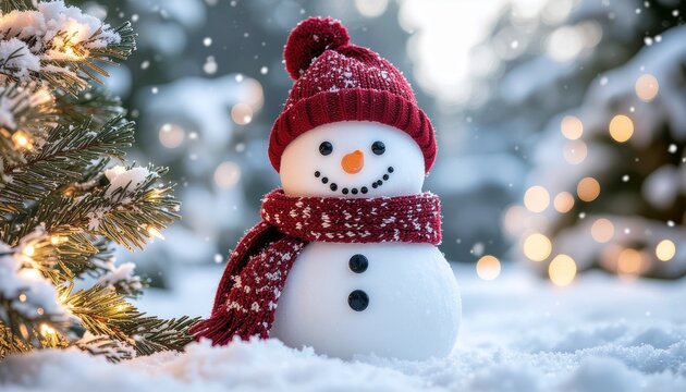 Whimsical Christmas landscape featuring a cheerful snowman surrounded by candy canes twinkling lights and soft falling snow