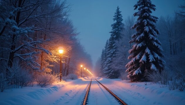 Snowy railway tracks stretch through a winter forest at dusk. Streetlights cast warm orange glows on the pristine snow creating a magical, serene atmosphere. Tall pine trees stand covered in frost.