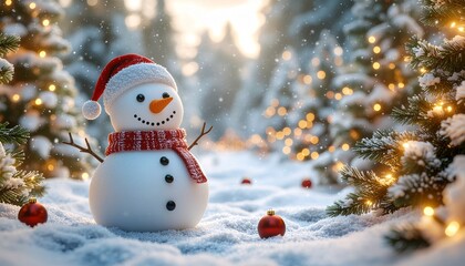 Whimsical Christmas landscape featuring a cheerful snowman surrounded twinkling lights and soft falling snow