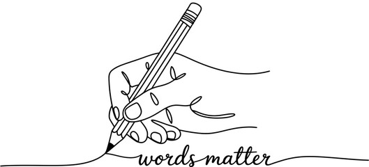 Continuous line art illustration of a hand holding a pencil and writing 'words matter,' emphasizing communication, education, and creative expression.