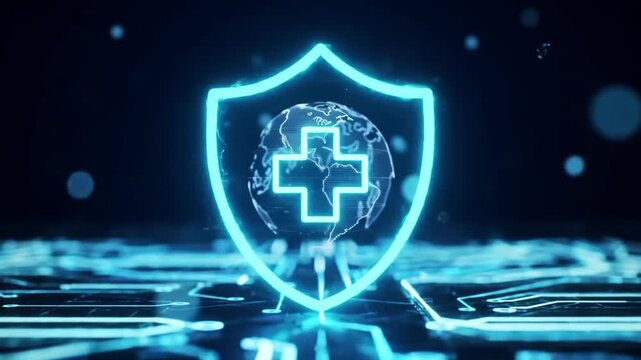A glowing blue shield with a world and medical cross, symbolizing global healthcare protection and digital data security - Powered by Adobe