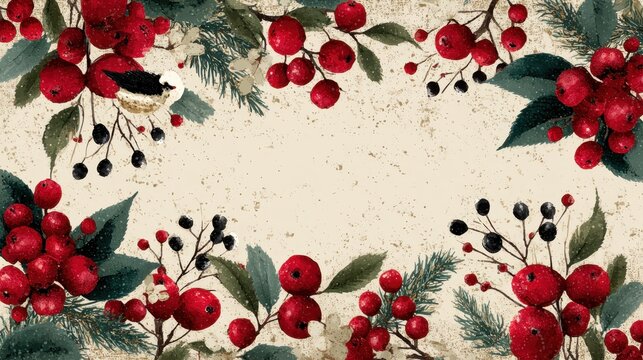 Festive winter background with red berries and green foliage border.