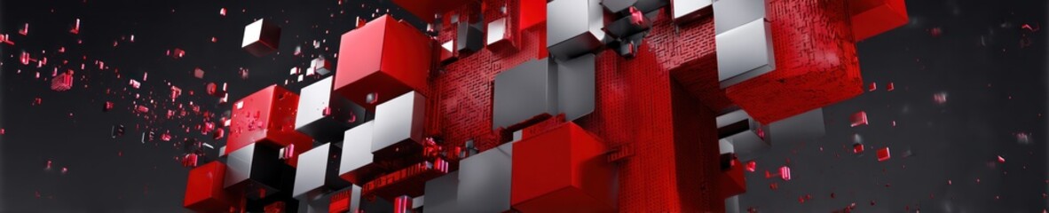 A geometric composition with red, silver and dark gray cubes arranged abstractly. Cubes scattered