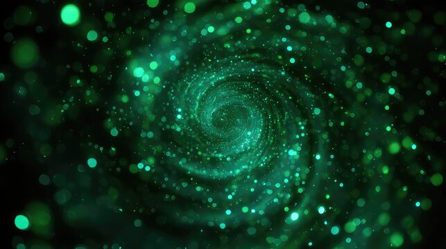 Green particles swirling in abstract galaxy vortex