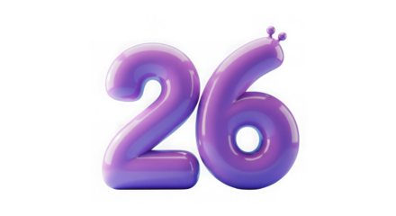 A glossy purple number 26, rendered in 3d, isolated on a transparent background
