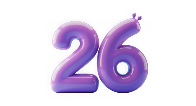 A glossy purple number 26, rendered in 3d, isolated on a transparent background