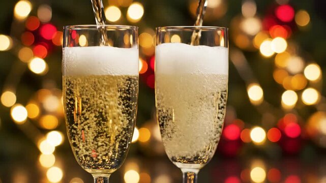 Pouring champagne into two glasses in slow motion. Festive celebration with sparkling wine against a background of holiday lights. New Year's Eve party concept