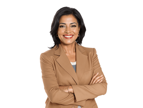 Mujer ejecutiva sonriente con brazos cruzados y fondo transparente