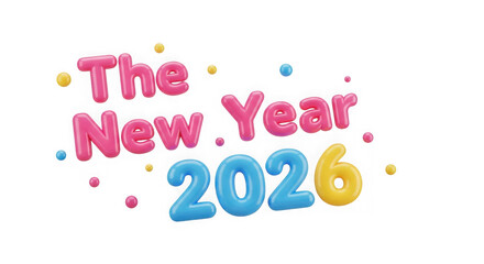 The new year 2026 text with colorful balloons and confetti, isolated on transparent background