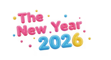 The new year 2026 text with colorful balloons and confetti, isolated on transparent background