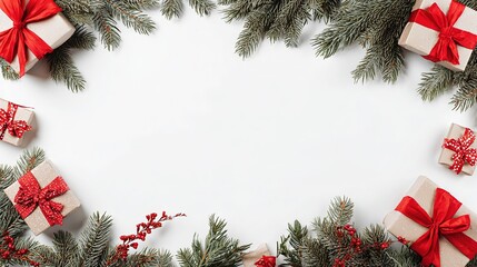 Christmas banner with gift boxes and pine garlands on white background, flat lay with copy space for holiday promotions, e-commerce, and social media templates.