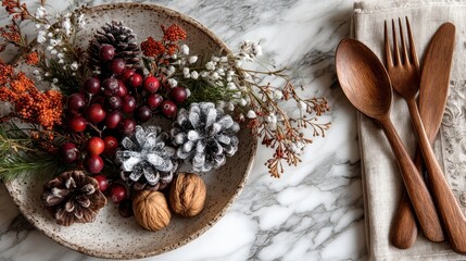 Festive autumn centerpiece with pinecones, berries, and wooden cutlery on marble.