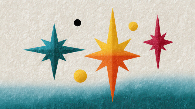 Retro starburst shapes abstract yellow teal and red stars with textured background mid century modern style playful and vibrant mood geometric design decorative art