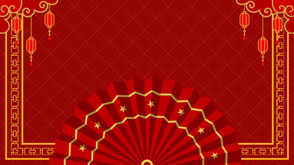 Lunar New Year Festive Fan and Lanterns on a Red Background