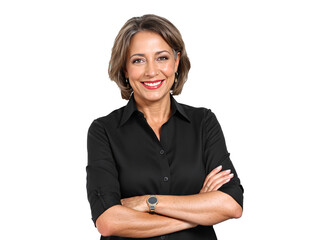 Mujer ejecutiva sonriente con brazos cruzados y fondo transparente