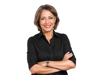 Mujer ejecutiva sonriente con brazos cruzados y fondo transparente