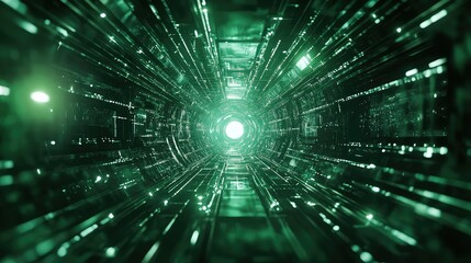 Digital data passing through futuristic network tunnel