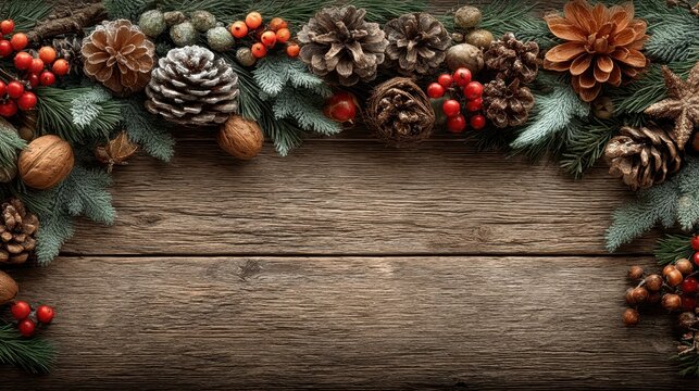 Winter pinecones and red berries on frosted wooden background with space - Powered by Adobe