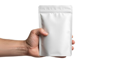 Man hand holding blank white kraft paper pouch for food packaging, isolated on clean white background, perfect for mockup and product presentation