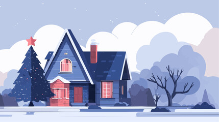 Winter house with Christmas tree and snow landscape, minimal clean illustration for holiday cards, seasonal decor and marketing materials