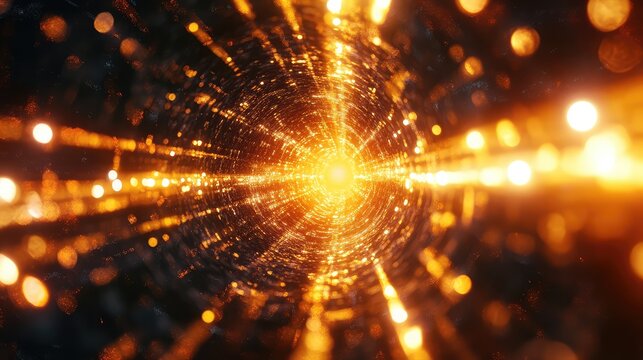 Digital data speeding through golden light tunnel vortex