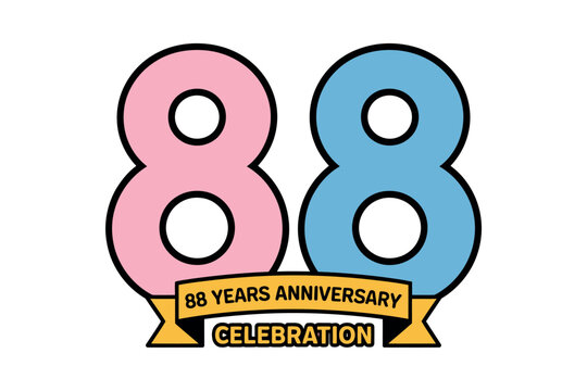 A festive celebration marking 88 years with large, colorful numbers and a banner proclaiming '88 Years Anniversary Celebration'.