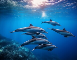 Obraz premium A Pod of Dolphins Swimming Gracefully in the Sunlit, Deep Blue Ocean, A Majestic Underwater Scene.